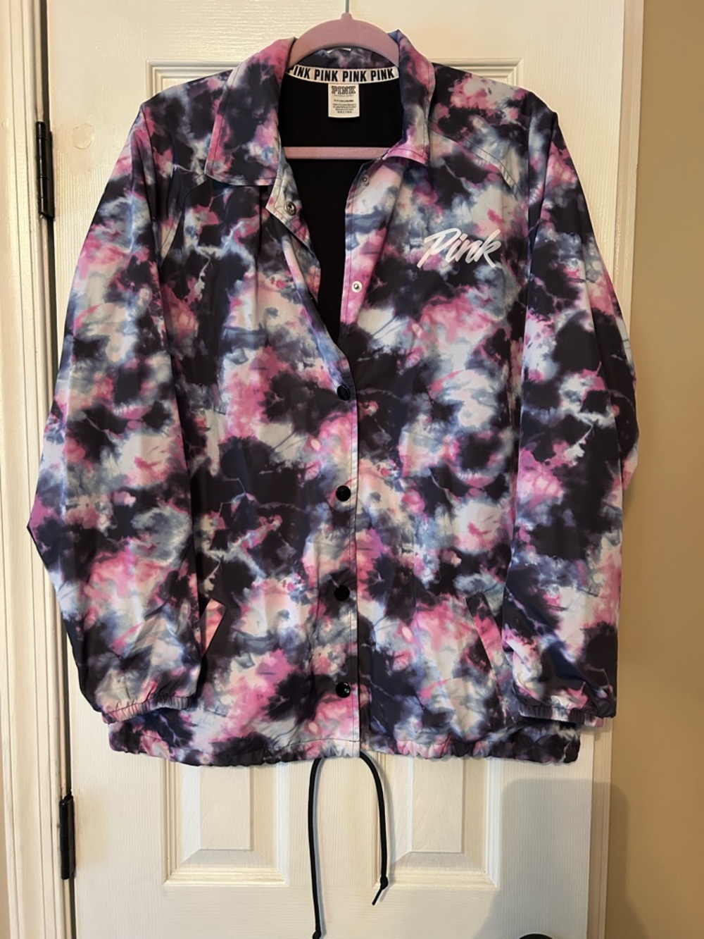 PINK Victoria's Secret Tie-Dye Coach Jacket in Pink, Black & White